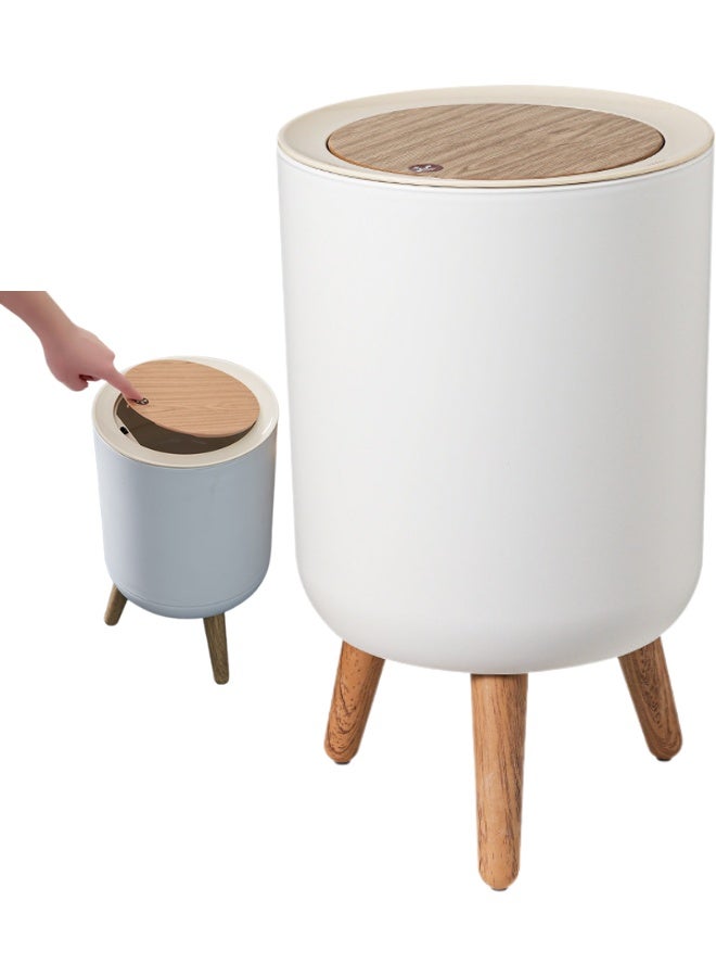 7 Liter Trash Bin with Press Top Lid and Push Button Pop Up Cover, Nordic Modern Round Plastic Garbage Can with Wooden Legs, Odor Control and Pet Proof Waste Basket, Small Size Space Saving Trash Can Made from Durable Premium Plastic, Water Resistant Easy to Clean Design for Kitchen Bathroom Bedroom Living Room Office Kids Room Apartment Studio Home and Modern Interior Décor, White Color - Image 1